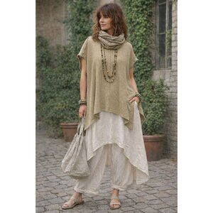 She & Sky Hi Low Heavy Lagenlook Olive Green Fringed Hem Cotton Tunic Top L Boxy